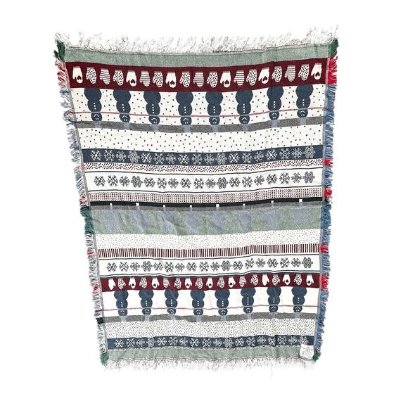 Crown Crafts Cotton USA Snowman Fair Isle Winter Theme Tapestry Blanket Fringe - Picture 3 of 8
